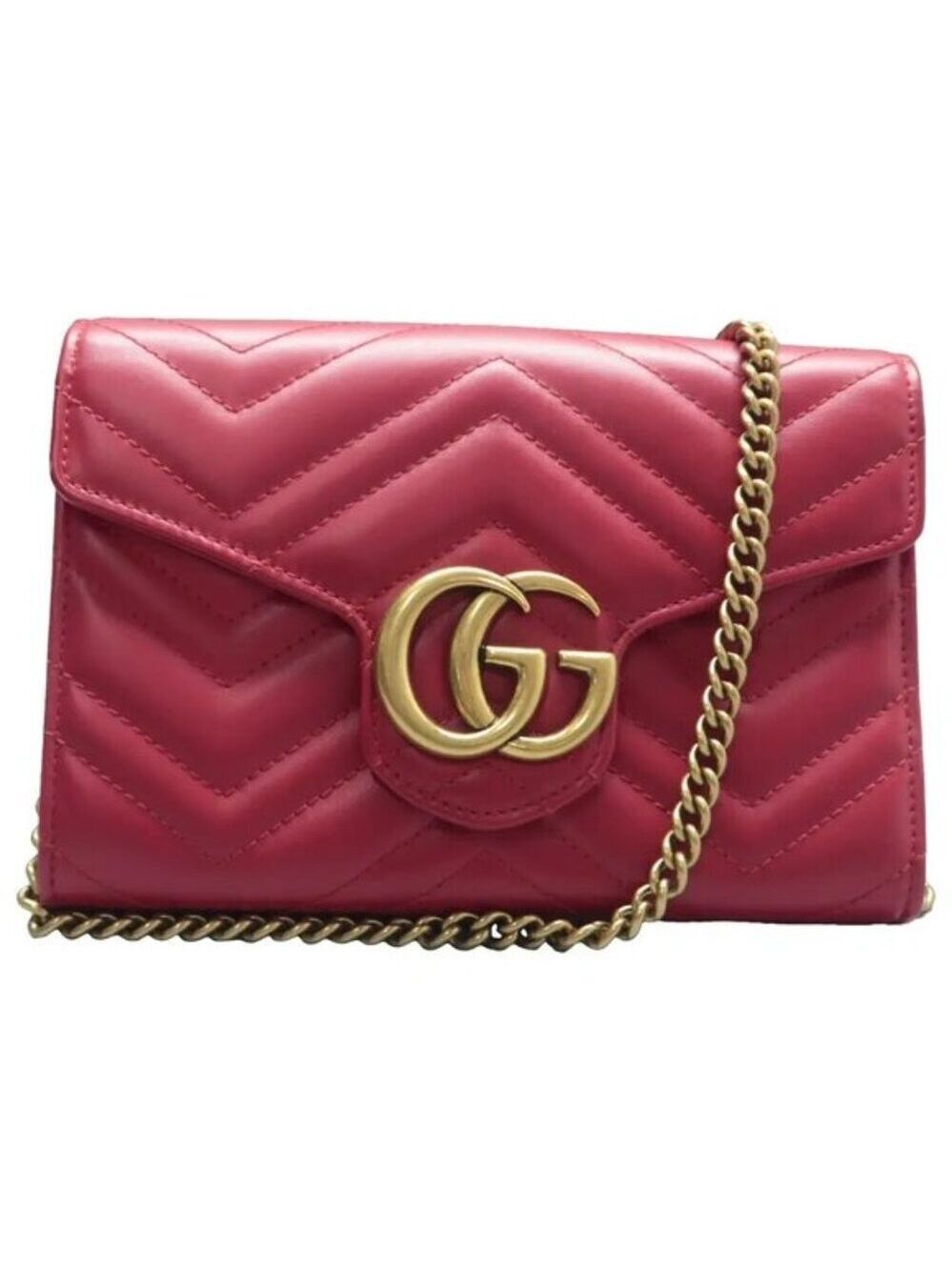 Authentic GUCCI GG Marmont Chain Wallet Red Leather Shoulder Bag Lux550-100225